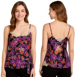 Mixit Petite Tank Top Size PM Brown Floral Lace Trim Spaghetti Tie Boho Feminine